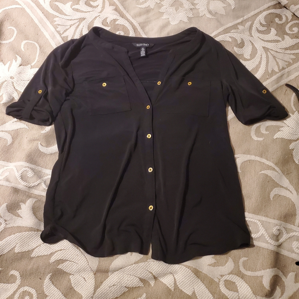 Ellen Tracy Black Button-Down Shirt with Gold Buttons